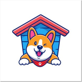 Cute Corgi In Doghouse Posters and Art